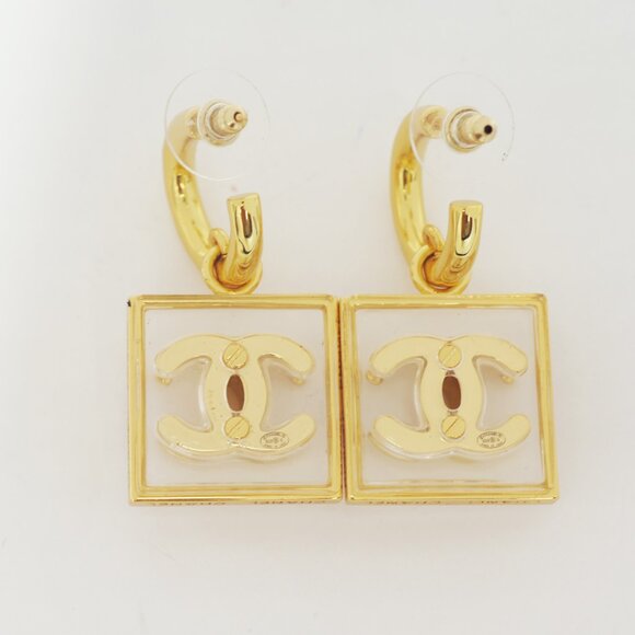 CHANEL Clear Square CC Logos Gold-tone Drop Earrings - Picture 6 of 7
